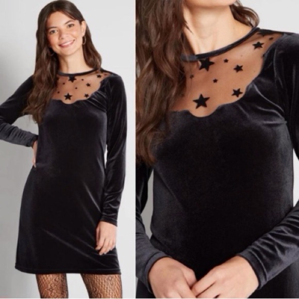ModCloth Beyond the Shade of Night Dress Sz M Black Mini Velvet Stars EUC